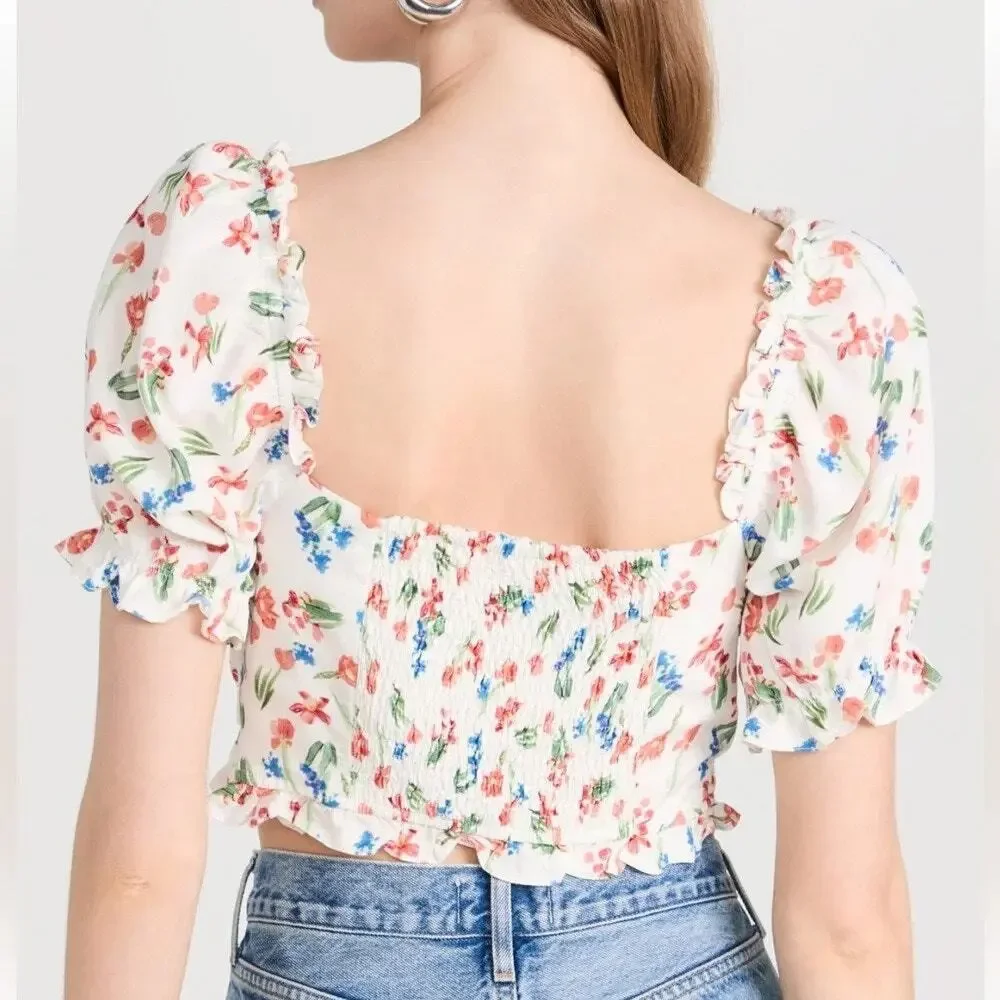 ASTR the Label Feronia White Floral Puff Sleeves Corset With Boning Crop Top M